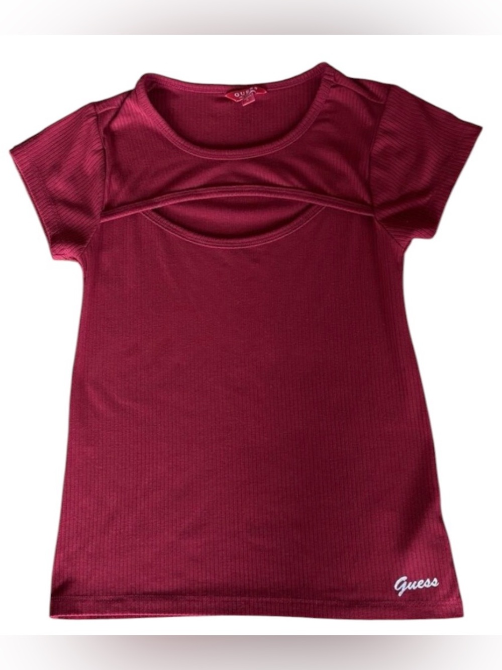 Vintage GUESS Red Ribbed Cutout Size S Baby Tee Y2K Logo Cap Sleeve